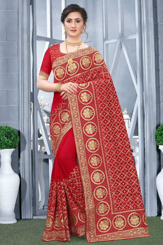 Red Colour Vichitra Bloming Silk Designer Saree