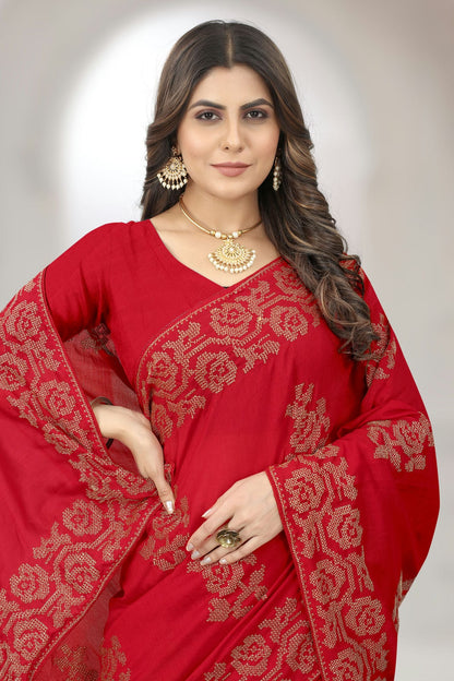 Red Colour Vichitra Silk Designer Saree