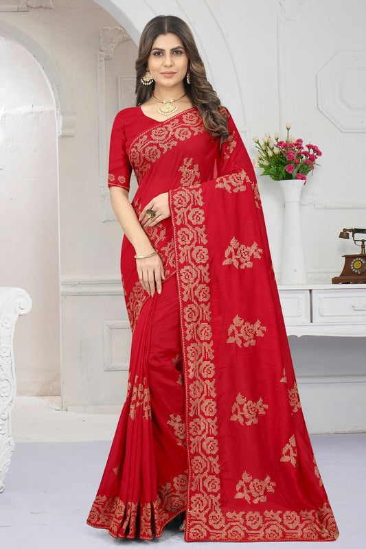 Red Colour Vichitra Silk Designer Saree