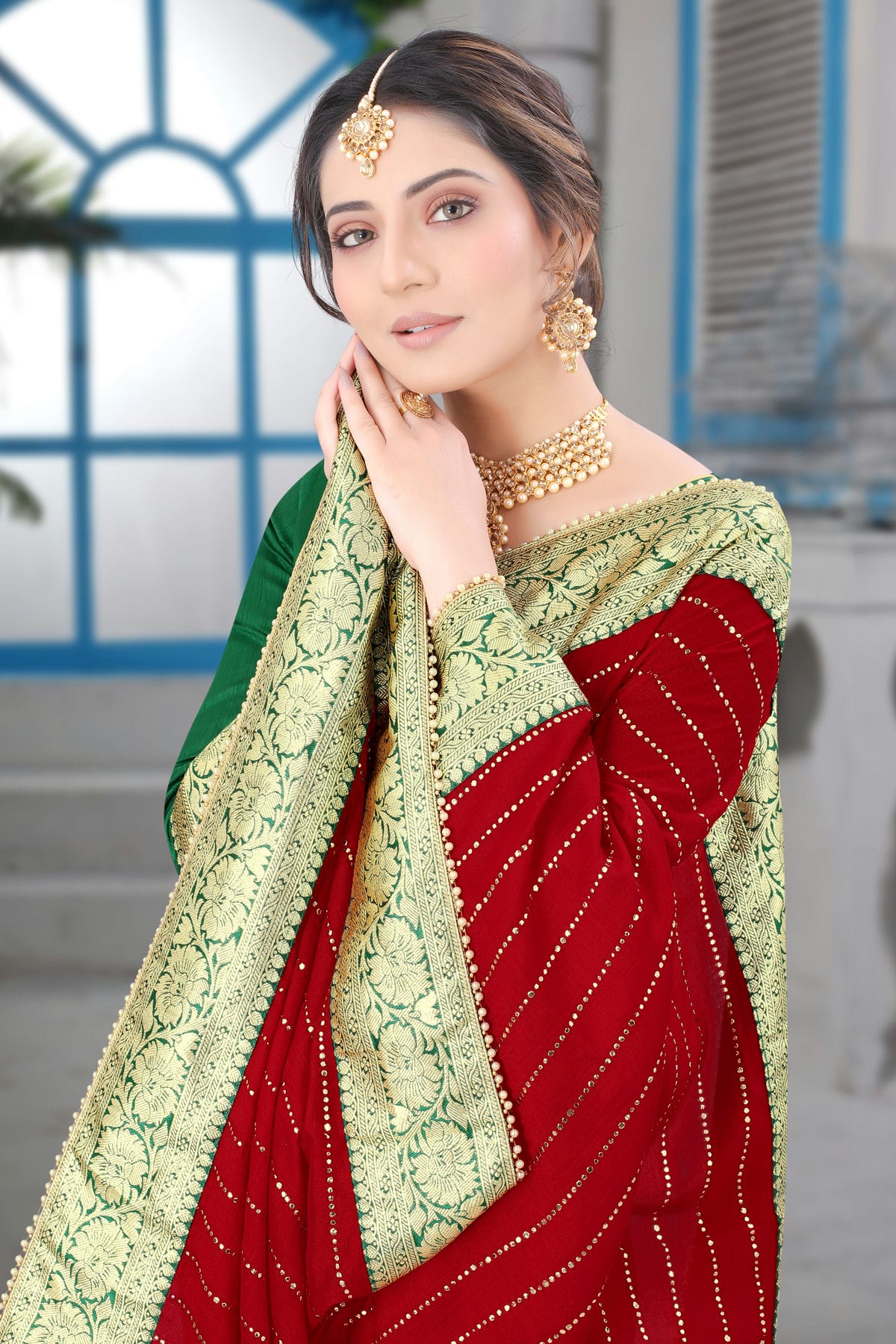 Red Colour Vichitra Silk Designer Saree