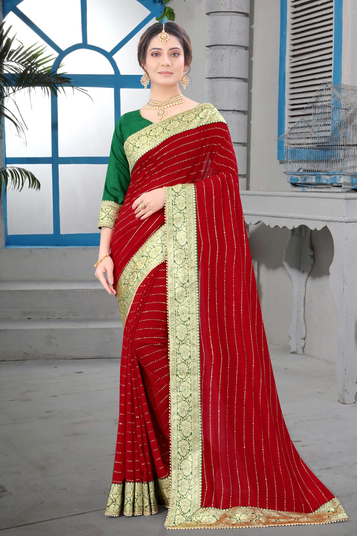 Red Colour Vichitra Silk Designer Saree