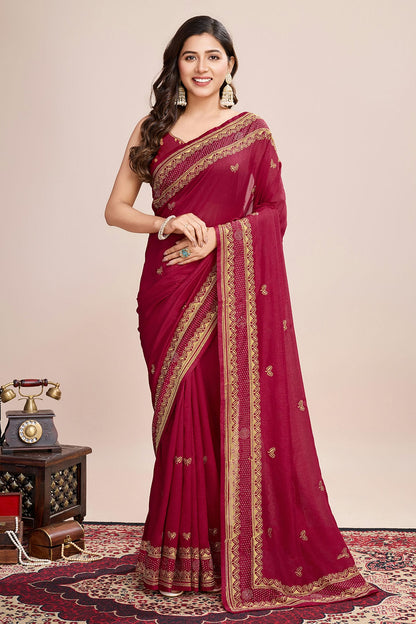 Red Colour Vichitra Silk Designer Saree