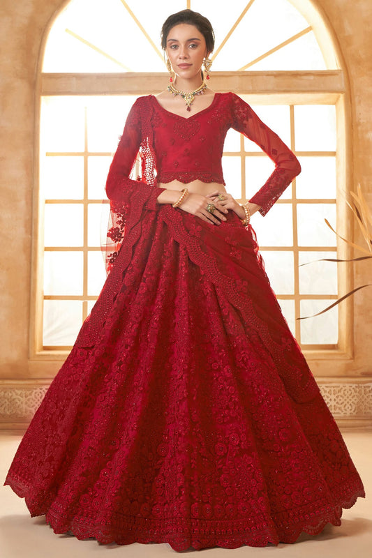 Red Embroidery Net and SilK Lehenga Choli