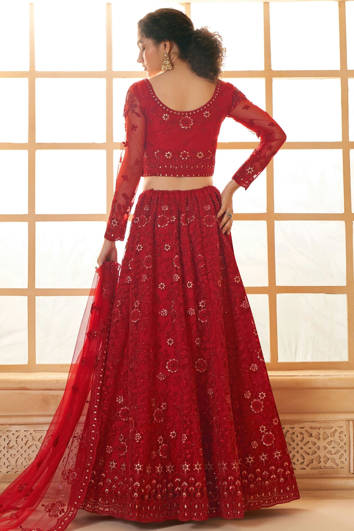 Red Embroidery Net and SilK Lehenga Choli