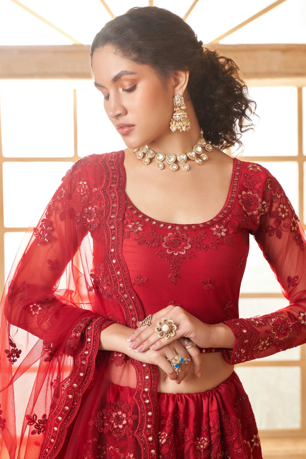 Red Embroidery Net and SilK Lehenga Choli