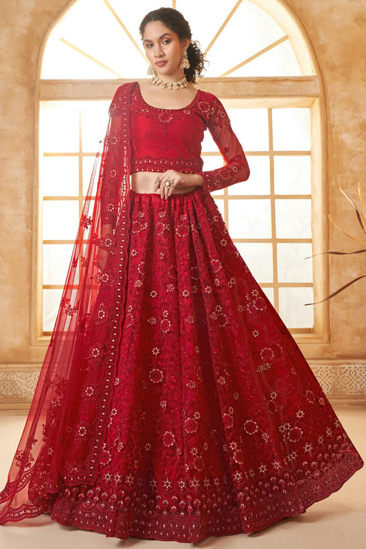 Red Embroidery Net and SilK Lehenga Choli