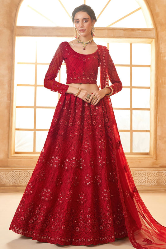 Red Embroidery Net and SilK Lehenga Choli