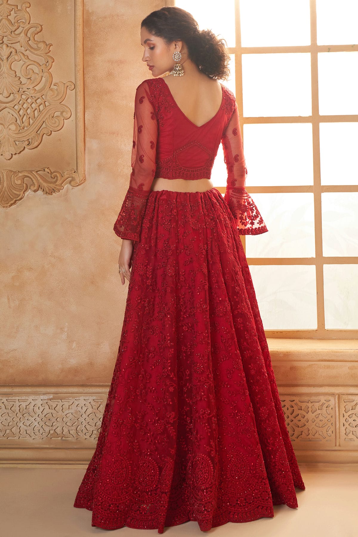 Red Embroidery Net and SilK Lehenga Choli