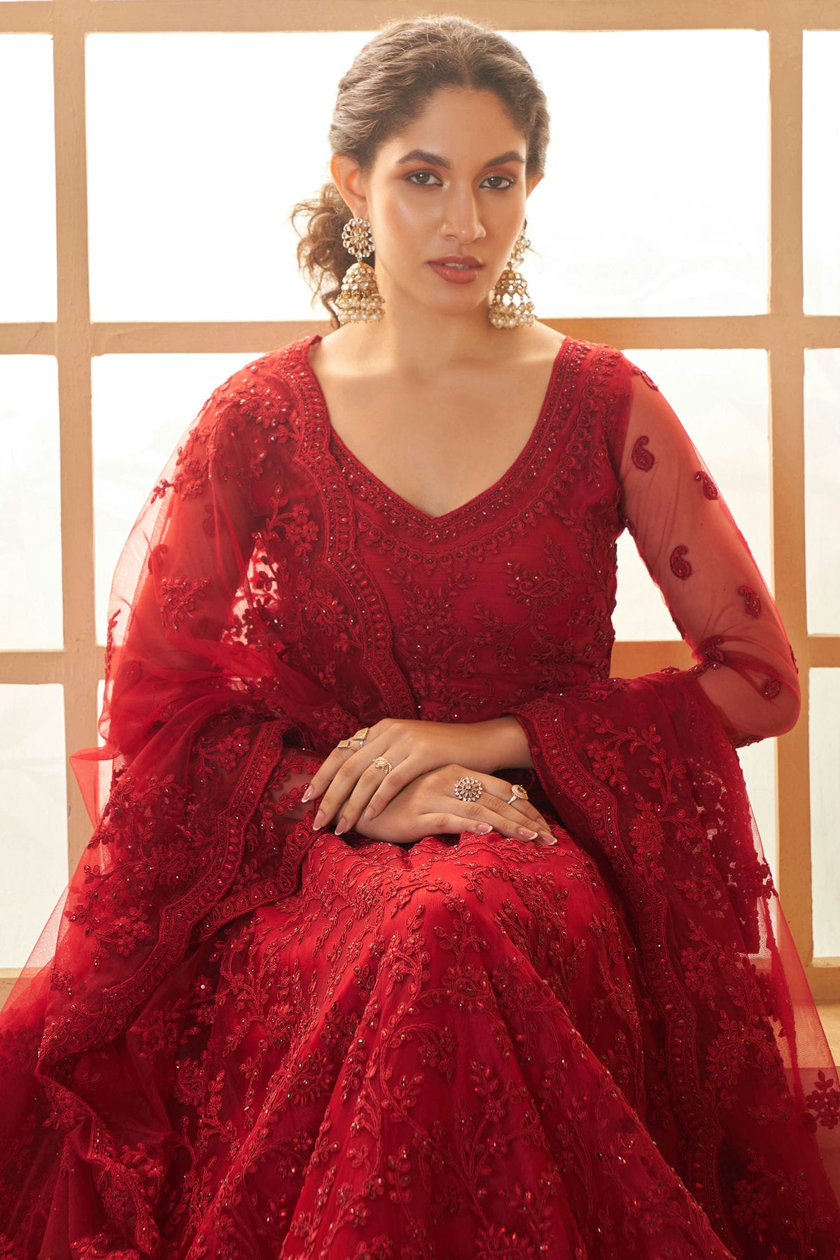 Red Embroidery Net and SilK Lehenga Choli