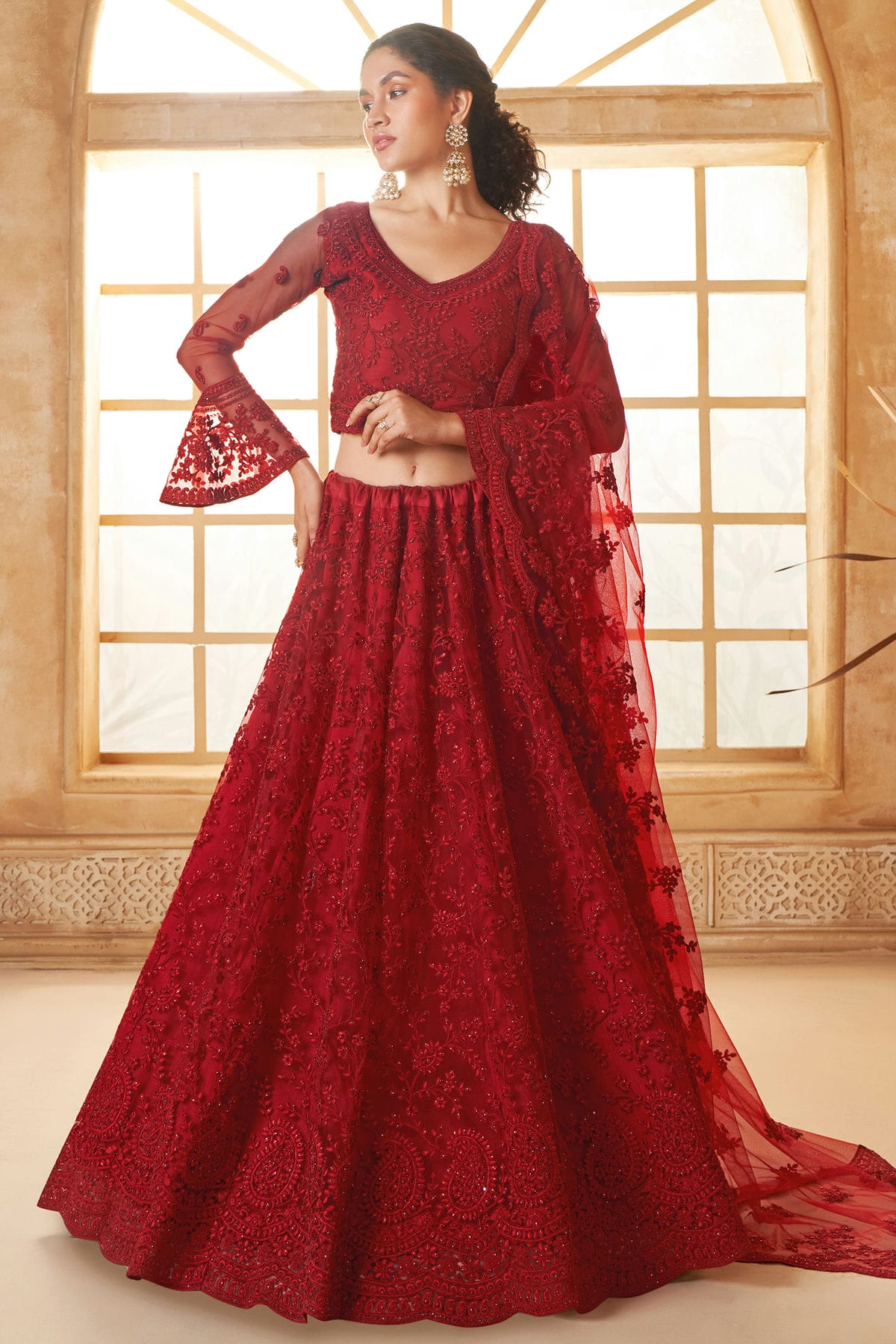 Red Embroidery Net and SilK Lehenga Choli