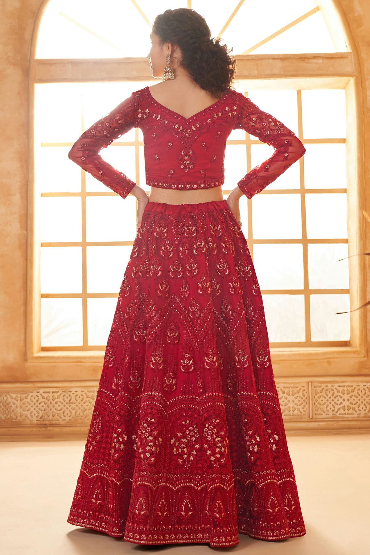 Red Embroidery Net and SilK Lehenga Choli