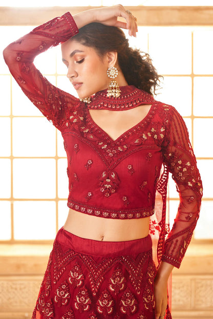 Red Embroidery Net and SilK Lehenga Choli