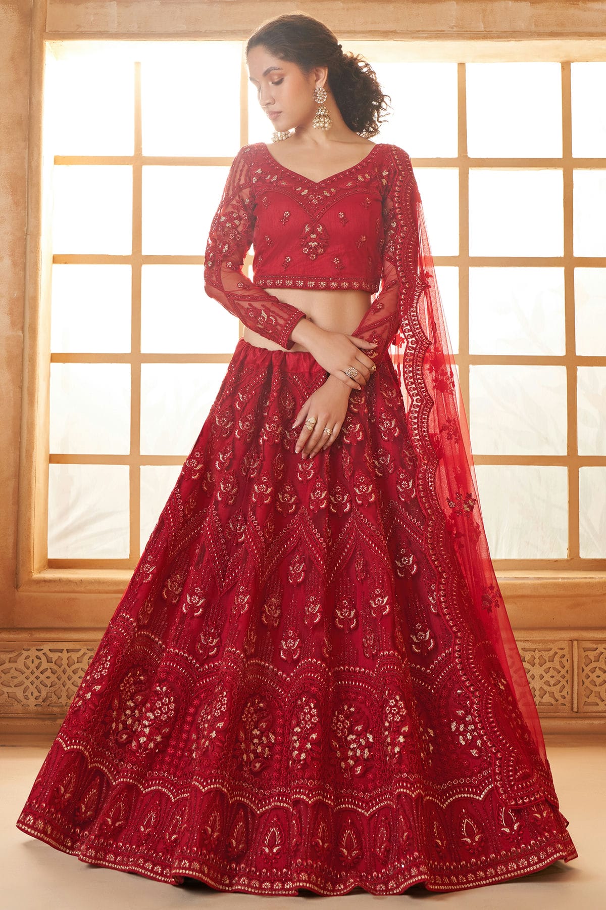 Red Embroidery Net and SilK Lehenga Choli