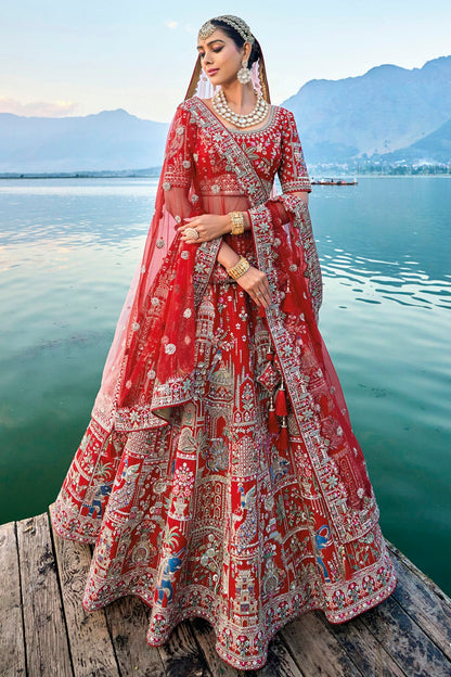 Red Embroidery Silk Lehenga Choli