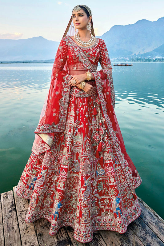 Red Embroidery Silk Lehenga Choli