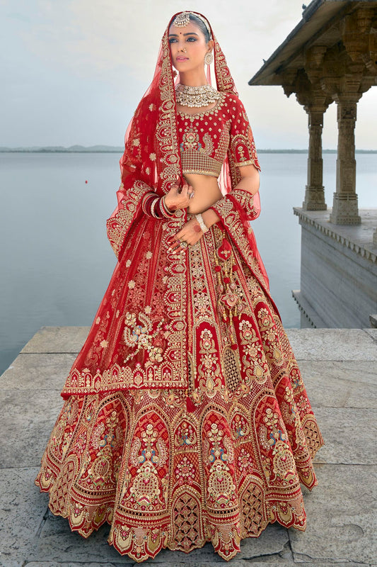 Red Embroidery Silk Lehenga Choli