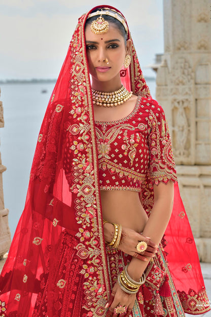 Red Embroidery Silk Lehenga Choli VSLC1290137