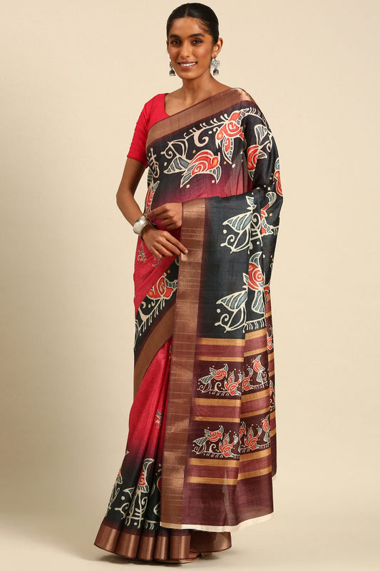 Red and Black Colour Cotton Printed Saree