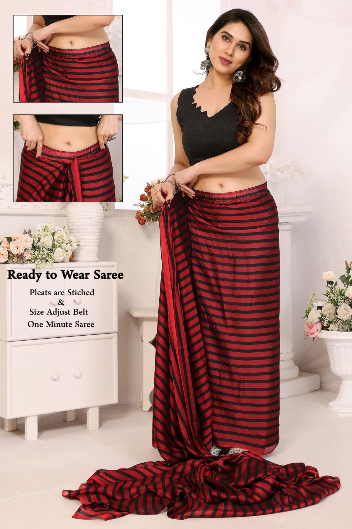 Red and Black Colour Georgette Ready To Wear Saree