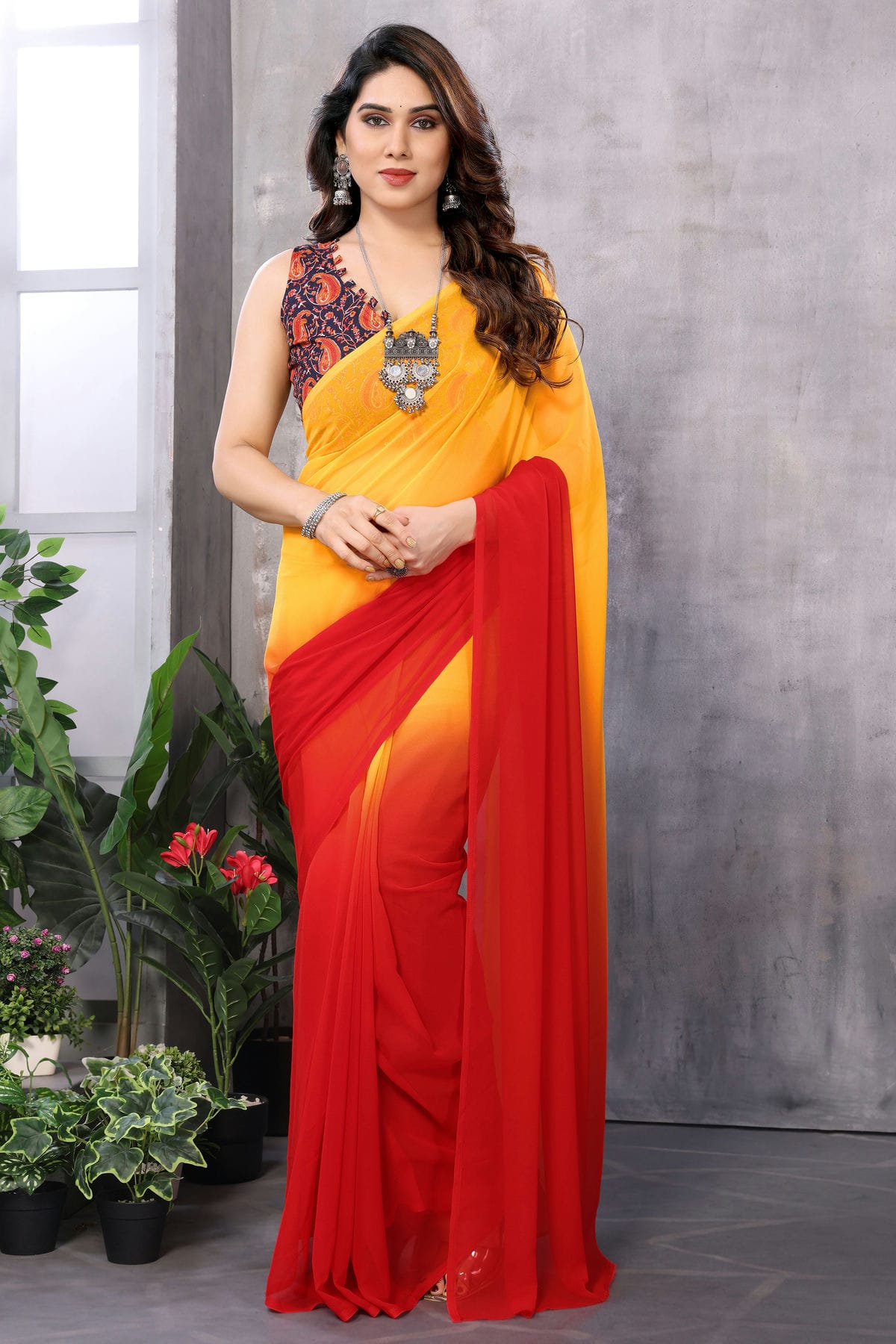 Red and Orange Colour Georgette Ready To Wear Saree