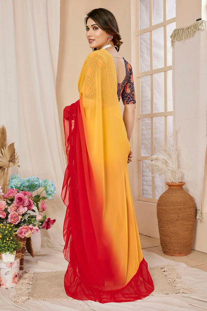 Red and Orange Colour Georgette Ruffle Saree