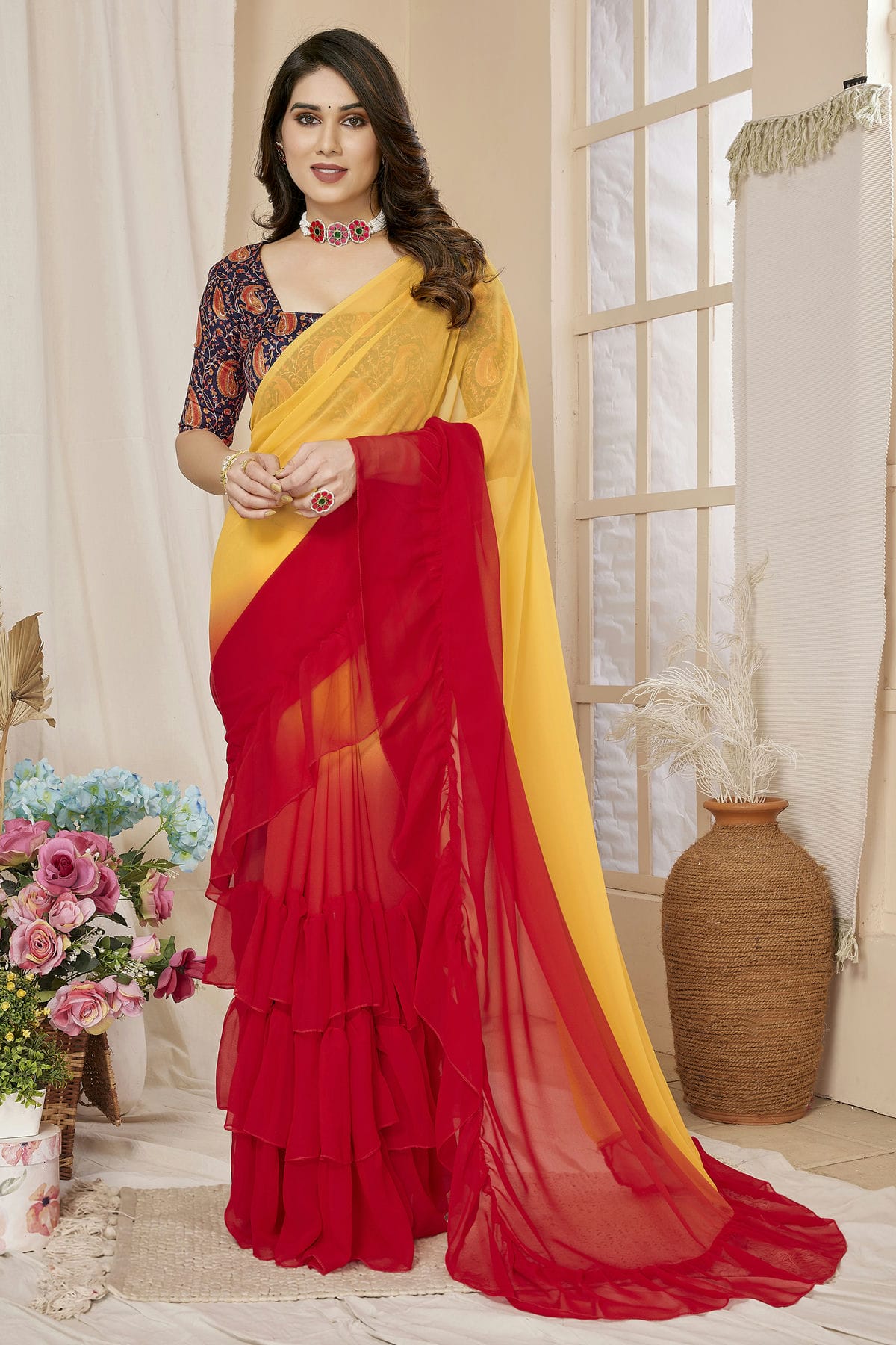 Red and Orange Colour Georgette Ruffle Saree