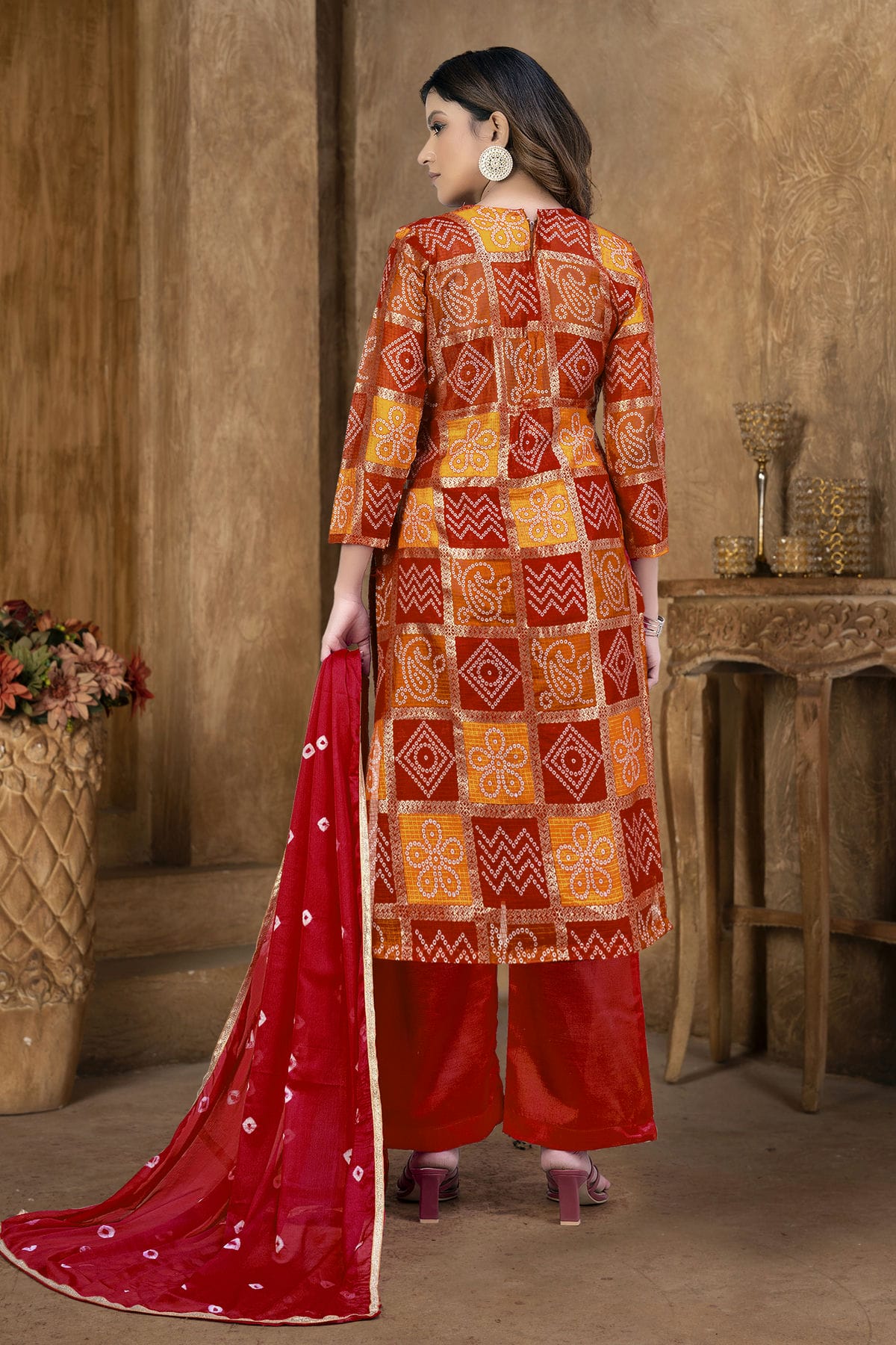 Red and Orange Colour Unstitched Cotton Plazzo Pant Suit