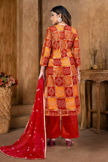 Red and Orange Colour Unstitched Cotton Plazzo Pant Suit