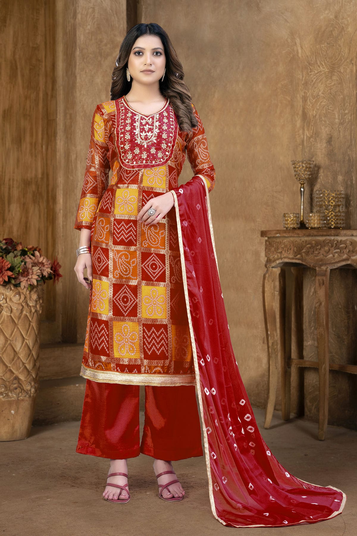 Red and Orange Colour Unstitched Cotton Plazzo Pant Suit