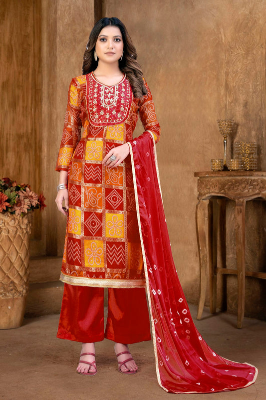 Red and Orange Colour Unstitched Cotton Plazzo Pant Suit