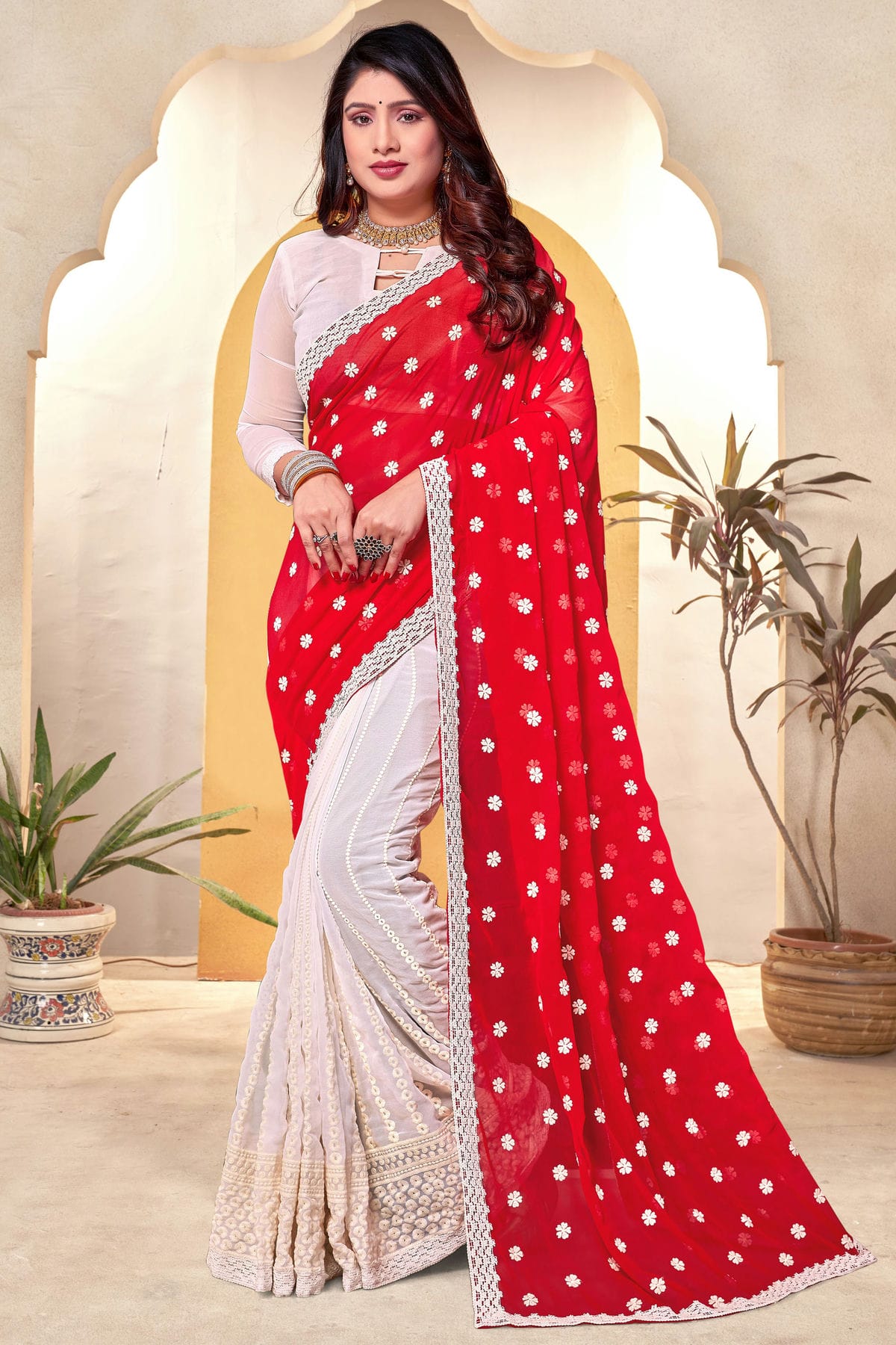 Red and White Colour Georgette Half N Half Saree