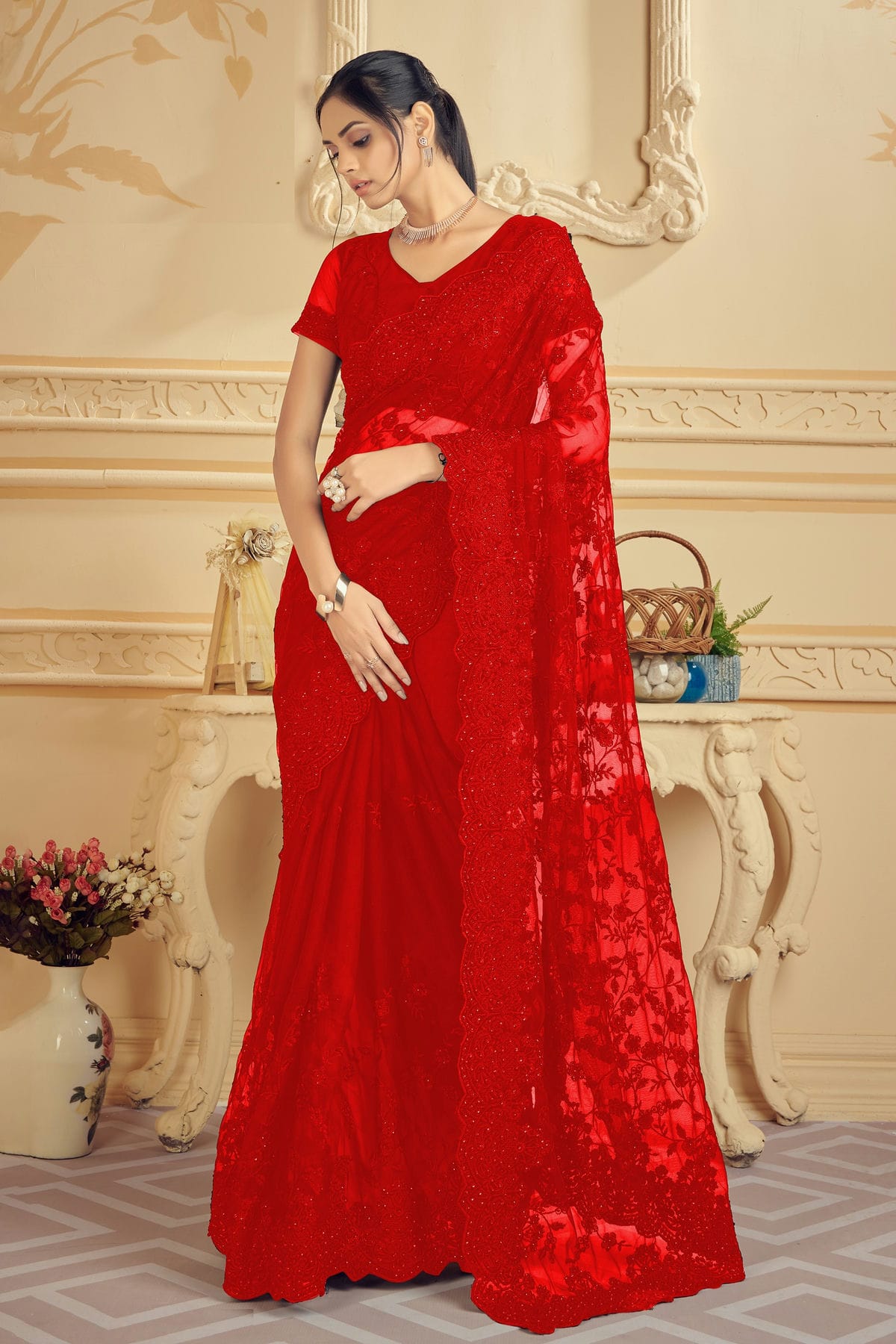 Red Colour Net Saree