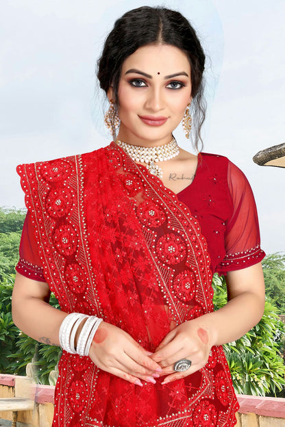 Red Colour Net Saree