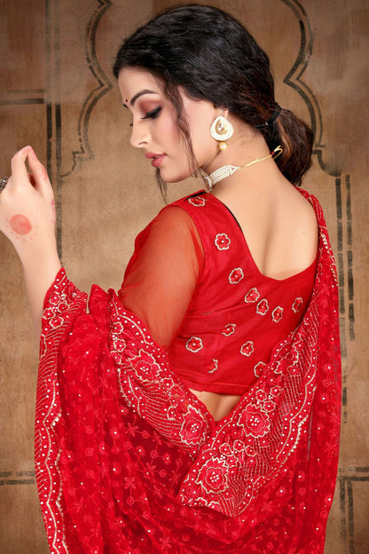 Red Colour Net Saree