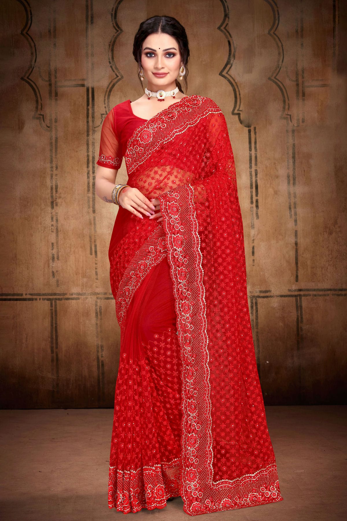 Red Colour Net Saree