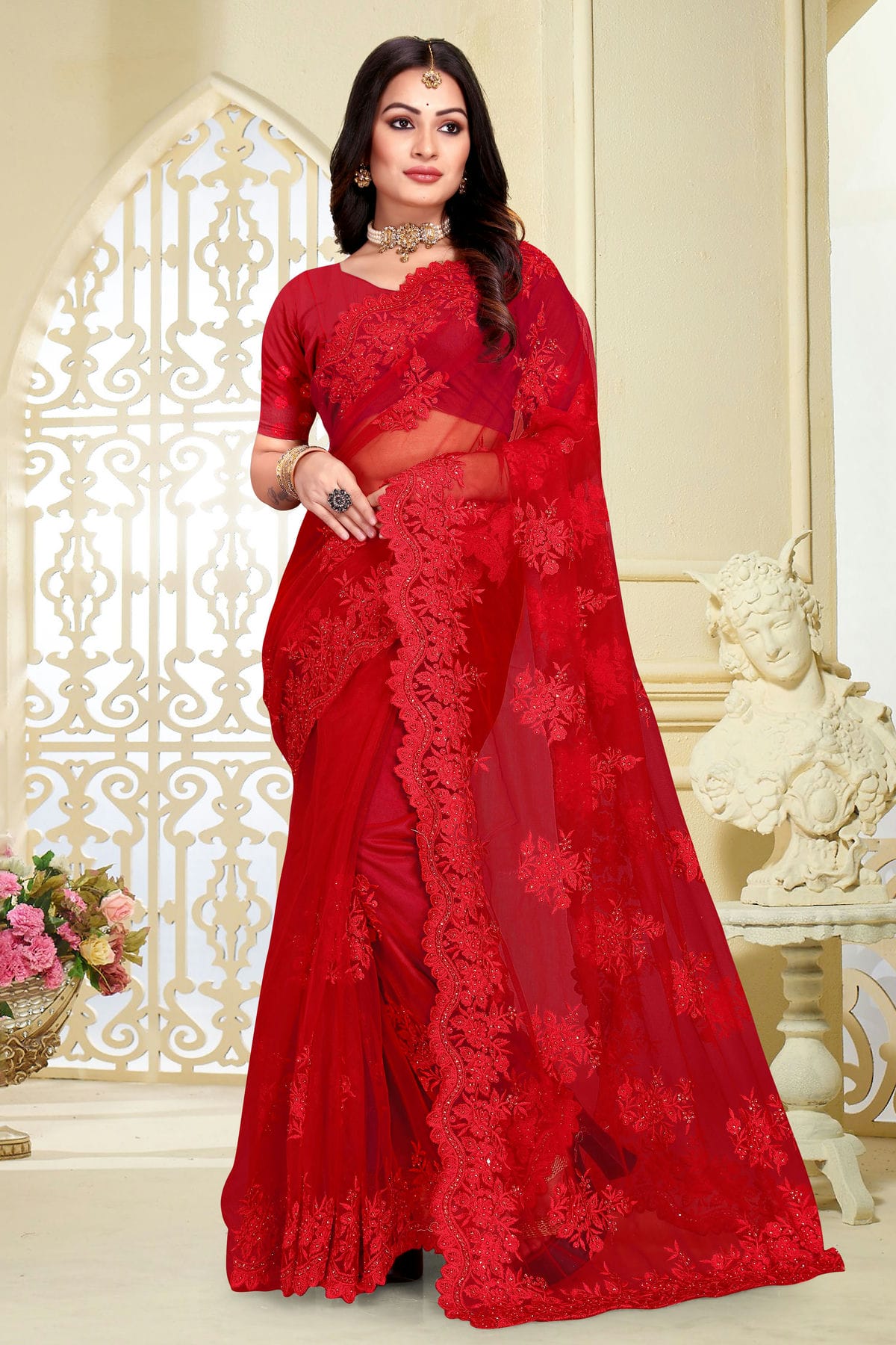 Red Colour Net Saree