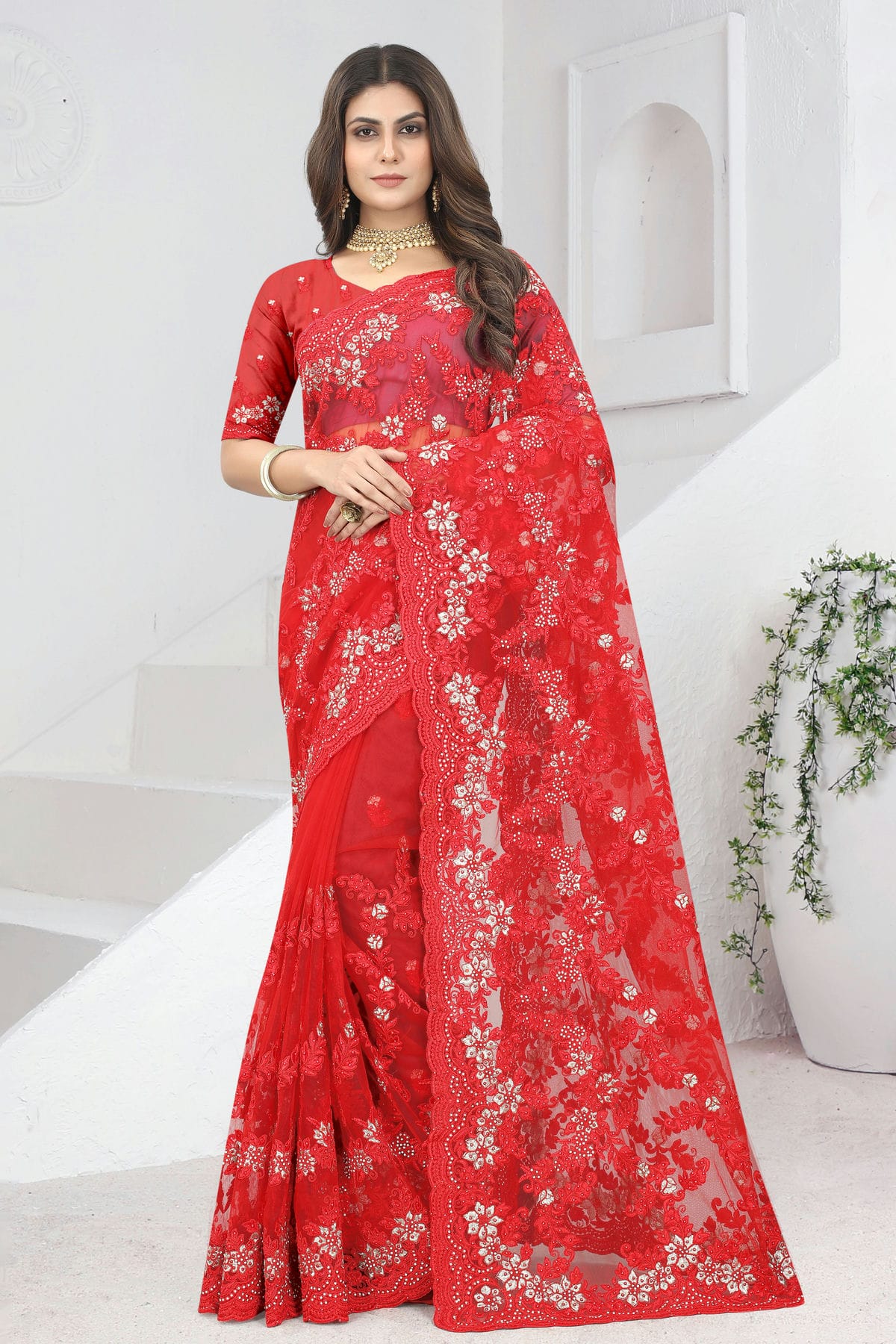 Red Colour Net Saree