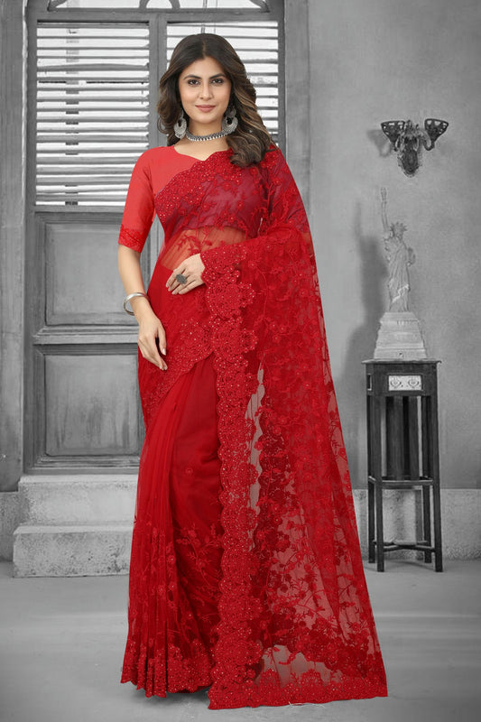 Red Colour Net Saree