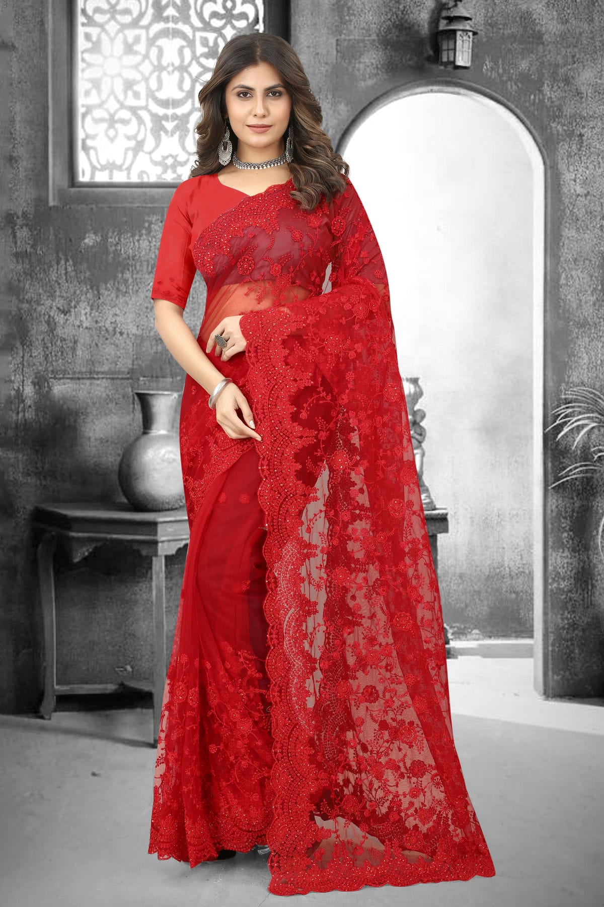 Red Colour Net Saree