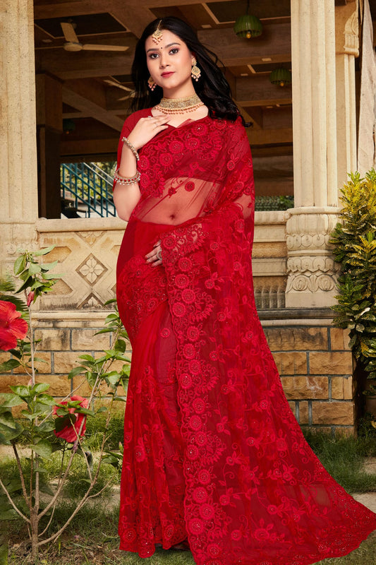 Red Colour Net Saree