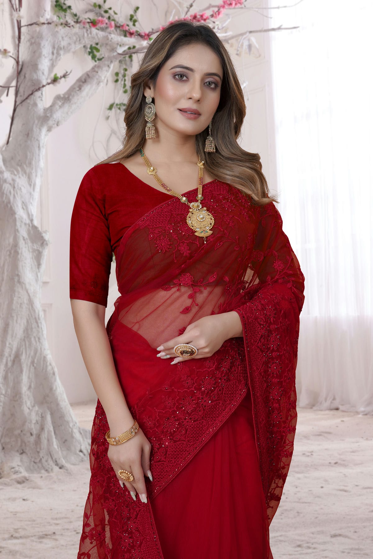 Red Colour Net Saree