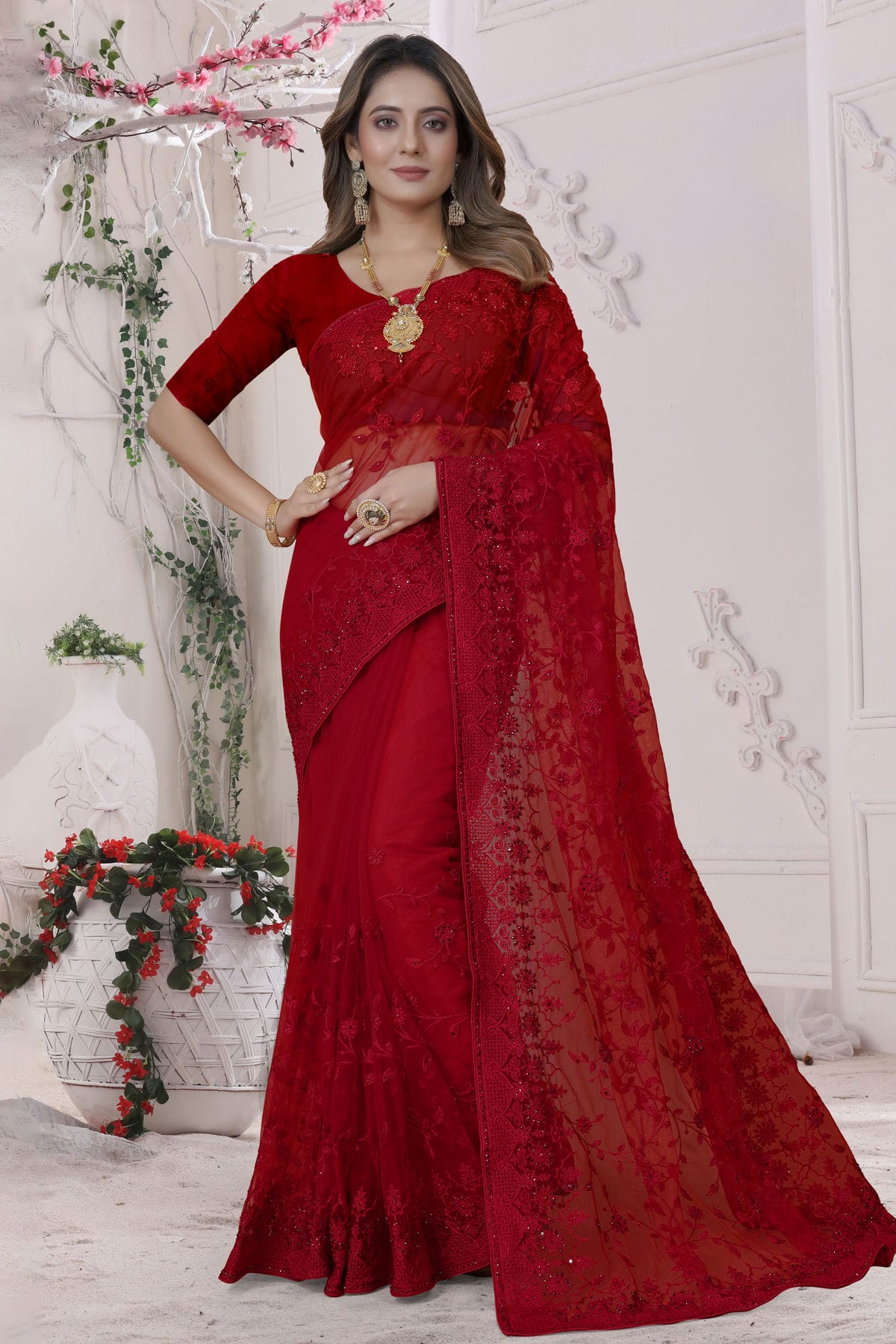 Red Colour Net Saree