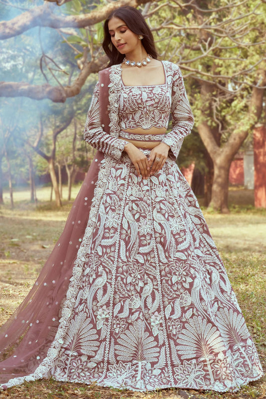 Rose Gold Colour Satin Embroidery Lehenga Choli