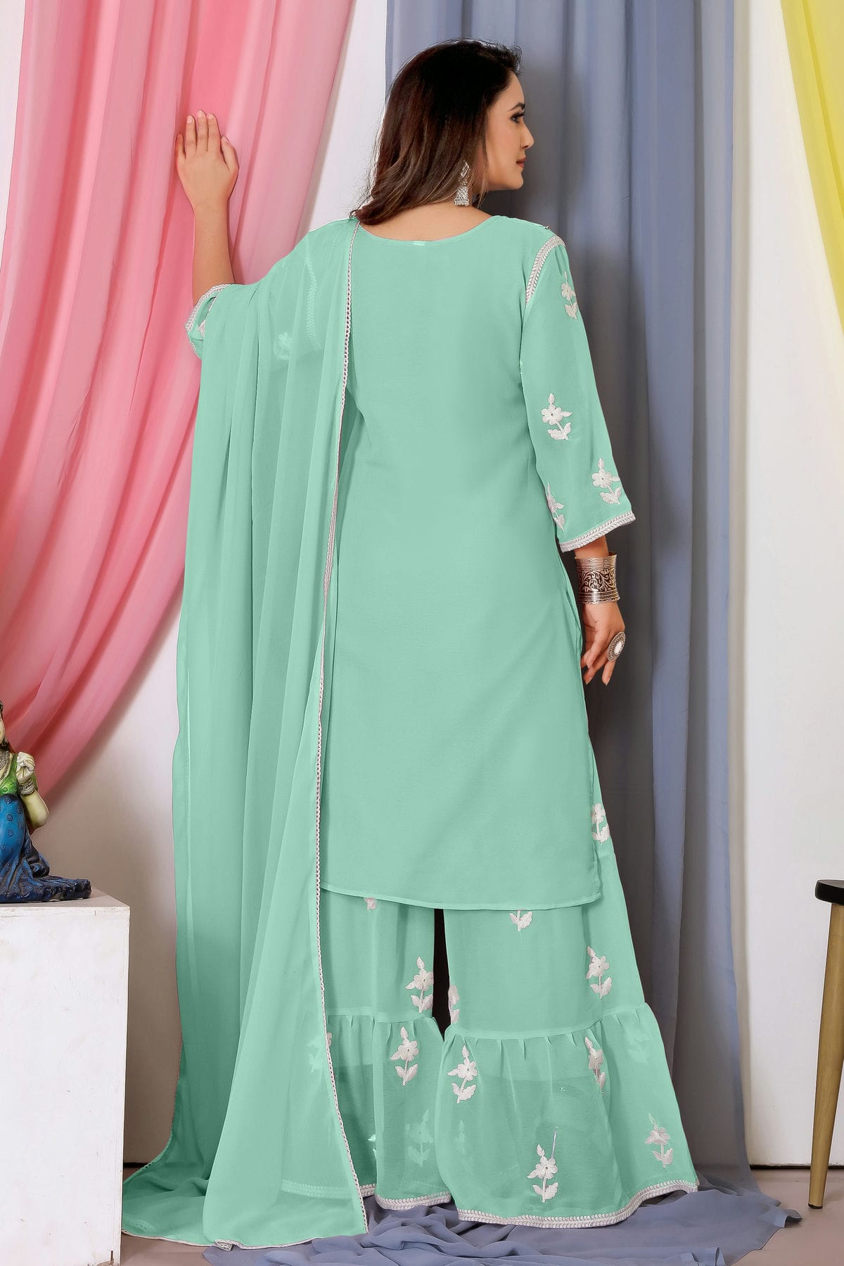 Sea Green Colour Bamber Georgette Sharara Suit