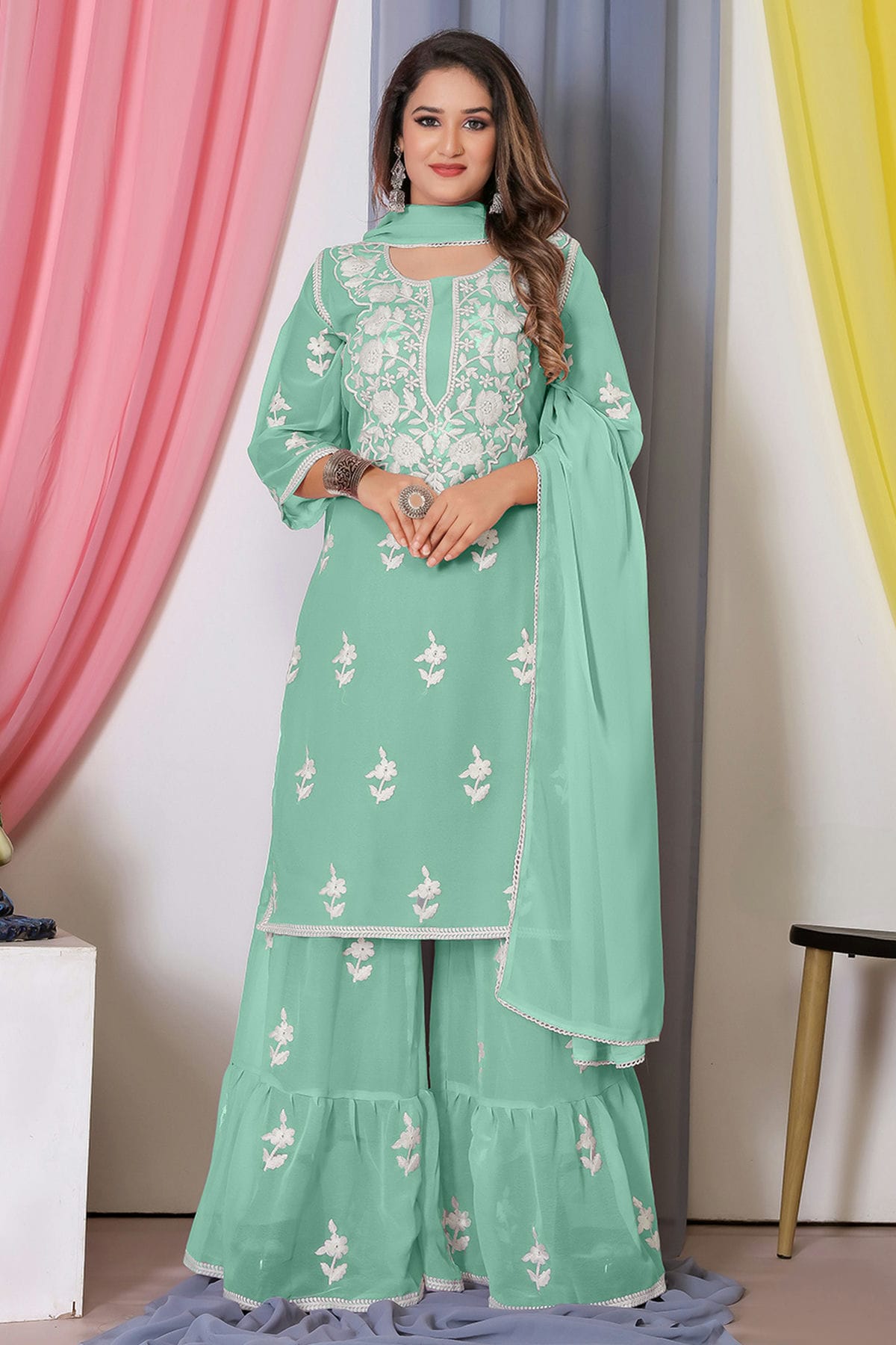 Sea Green Colour Bamber Georgette Sharara Suit