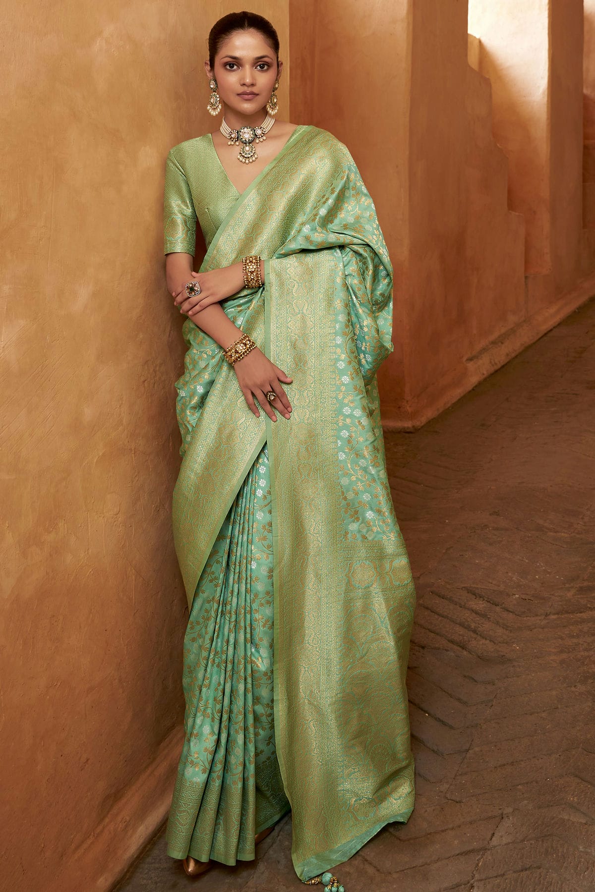 Sea Green Colour Banarasi Silk Traditional Saree