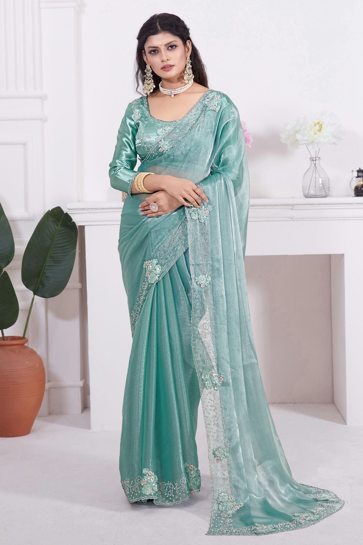 Sea Green Colour Burberry Silk Designer Saree