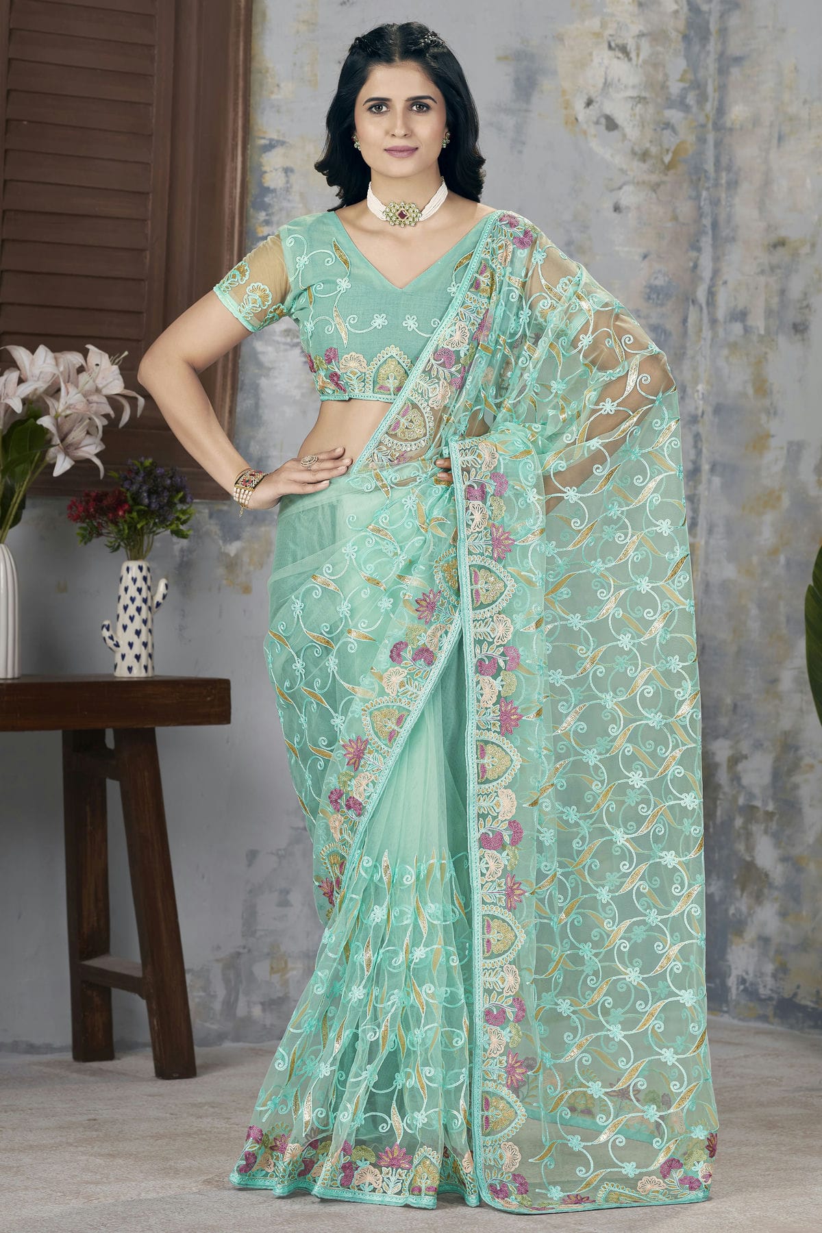 Sea-Green-Colour-Butterfly-Net-Designer-Saree-VSSD1112563