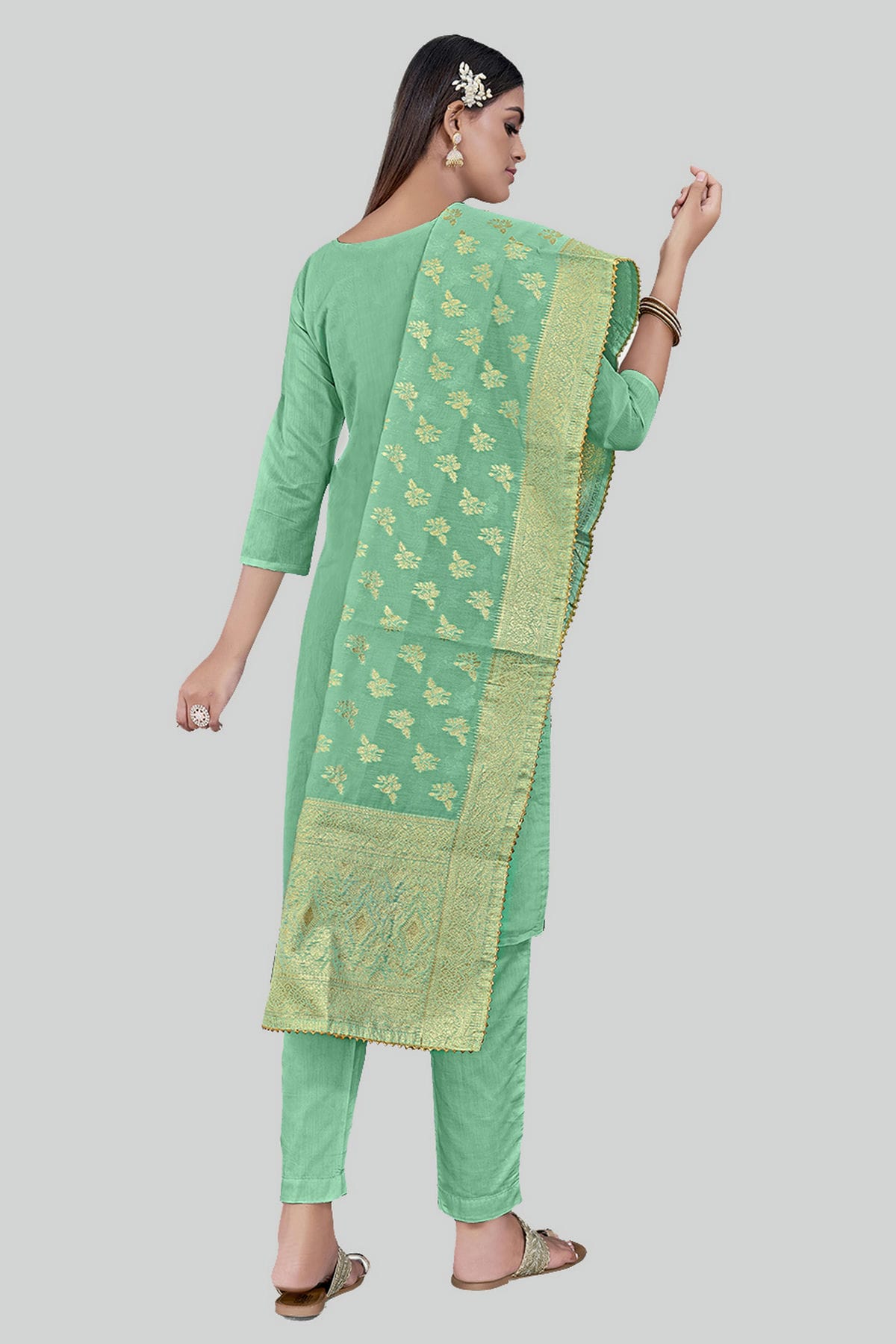 Sea Green Colour Chanderi Silk Pant Style Suit