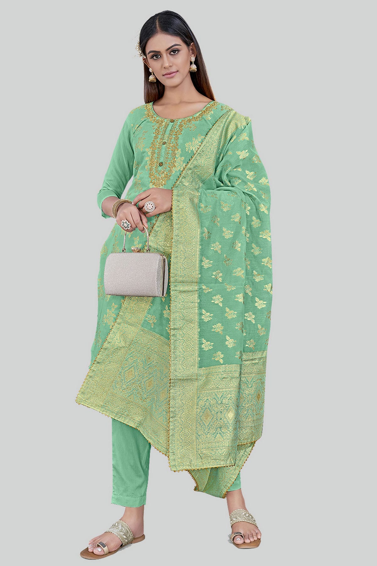 Sea Green Colour Chanderi Silk Pant Style Suit